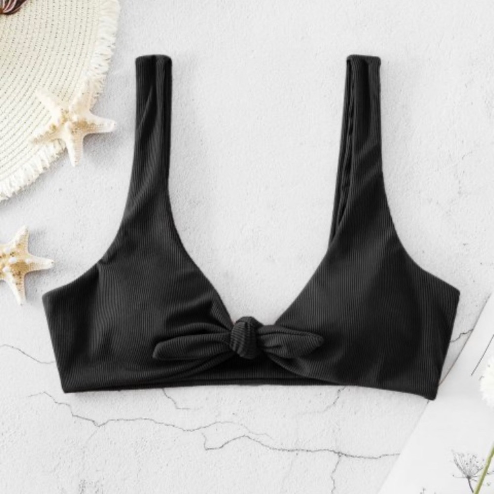 Tied ribbed plunging bikini top